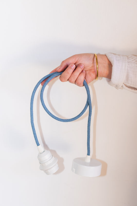 Textured denim blue pendant lamp cord with white fittings