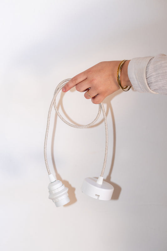 Textured natural ivory pendant lamp cord with white fittings